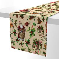 Joyeux Noël - Merry Christmas -  vintage christmas Santa Claus, nostalgic animals, green branches and birds- Antique Nursery cutouts - sepia sand