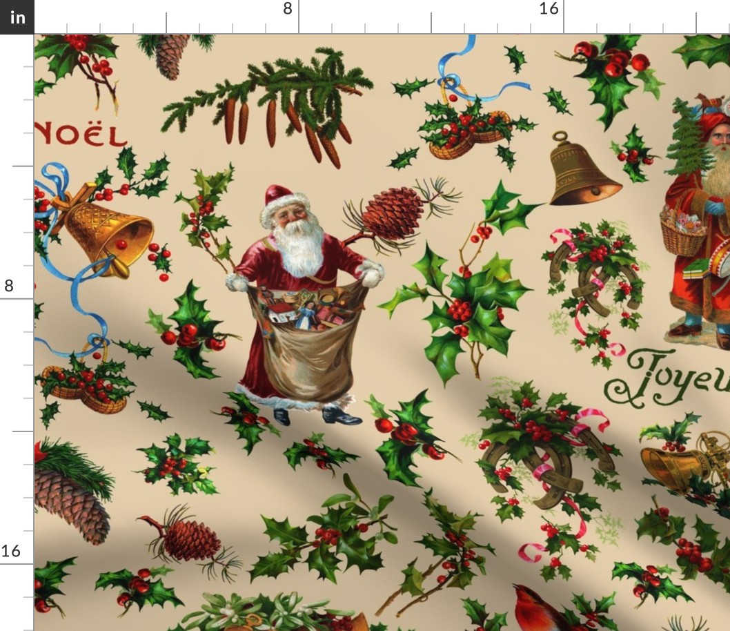 Joyeux Noël - Merry Christmas -  vintage christmas Santa Claus, nostalgic animals, green branches and birds- Antique Nursery cutouts - sepia sand