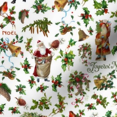 Joyeux Noël - Merry Christmas -  vintage christmas Santa Claus, nostalgic animals, green branches and birds- Antique Nursery cutouts - white