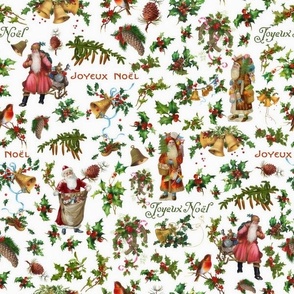 Joyeux Noël - Merry Christmas -  vintage christmas Santa Claus, nostalgic animals, green branches and birds- Antique Nursery cutouts - white