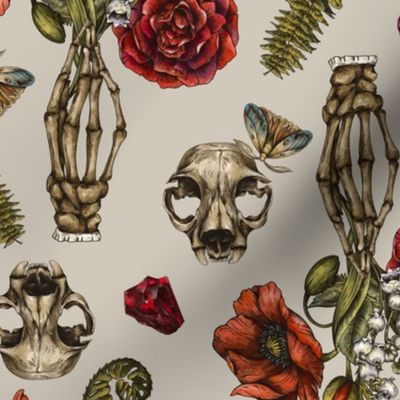 Skeleton Hands with Red Roses and Poppies on Beige