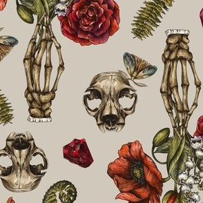 Skeleton Hands with Red Roses and Poppies on Beige