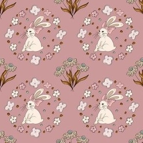 Ditsy – sweet girly design with bunny and wild flowers – dusty pink, cream, pastel green