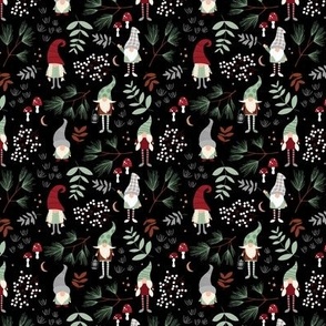 Little magic lucky charms - Scandinavian fall mushrooms and garden leaves gonks mint green red christmas palette on black SMALL