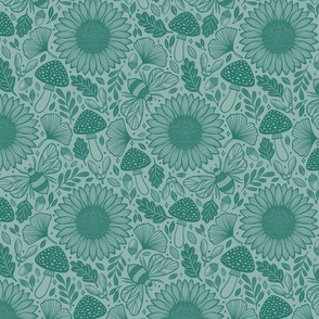 Autumn Woodland Lino Teal Smaller Scale