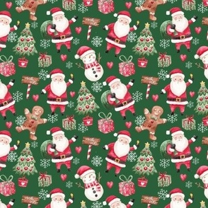 Cute watercolor santa with friends Christmas fabric green small scale