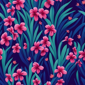 Tropical pink flowers with green and blue grass nature 