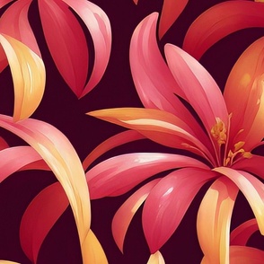 Exotic Reds, Pinks, Yellows Flowers botanical print on Maroon Background
