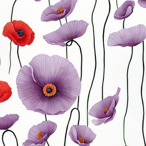 Poppy Flowers in Light Purple and Red Botanical Watercolor