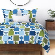 Lovable Mutts - cheater quilt - blue and green - cute dog patchwork