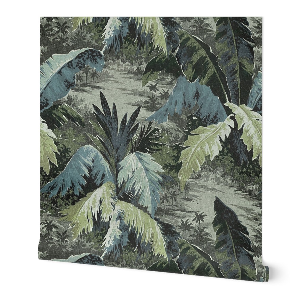 ART DECO TROPICALE - VINTAGE MUTED GREEN BLUE, LARGE SCALE