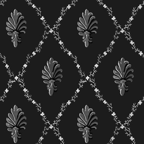 1930s Vintage Shell and Floral Lattice Design - Pure Black, White, and Grey