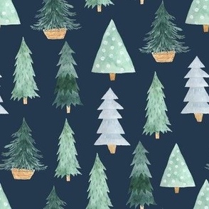 Medium Scale Welcome Winter Holiday Pine Trees on Navy