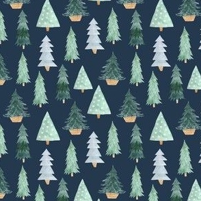 Small Scale Welcome Winter Holiday Pine Trees on Navy