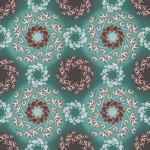 Christmas - Peacock Flowers - Dark Ivory, Ivory, Teal, Dark Teal, Light Teal, Dark Poppy Red - bca475, faf3e3, 62a8a0, 457670, a1cbc6, 841d16