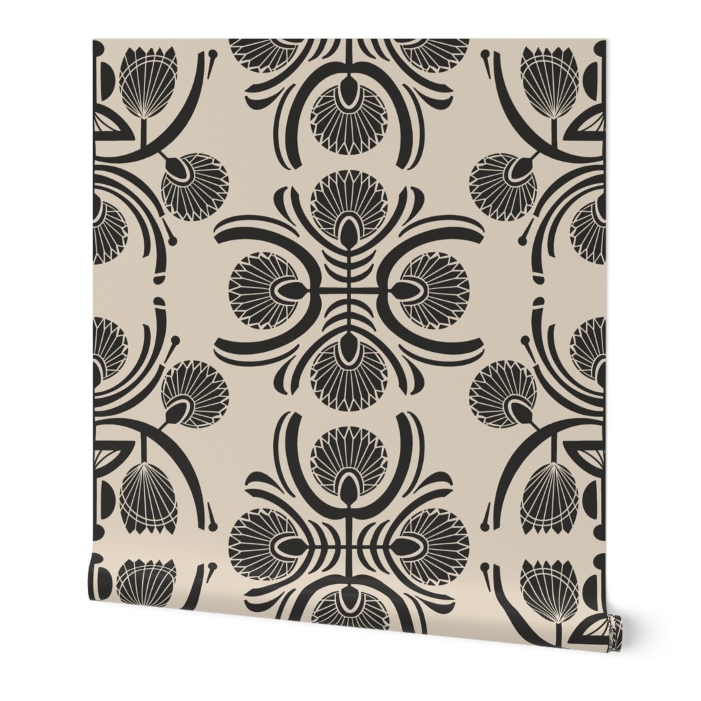 Tribal Sun Protea Block Print Tile  - Monochrome Warm Beige and Charcoal