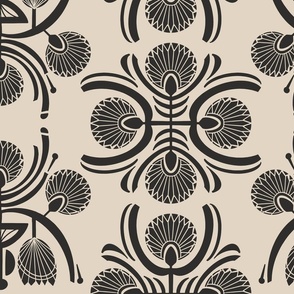 Tribal Sun Protea Block Print Tile  - Monochrome Warm Beige and Charcoal