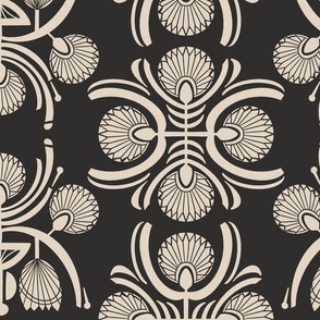 Tribal Sun Protea Block Print Tile  - Monochrome Charcoal and warm beige