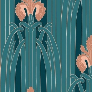 Medium Art Nouveau Art Deco Water Irises with Incubi Darkness Teal Cyan Background