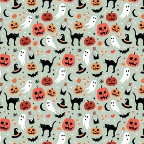 Black cats ghosts and pumpkins scary retro style kids halloween style fright night design orange vintage red on sage green SMALL