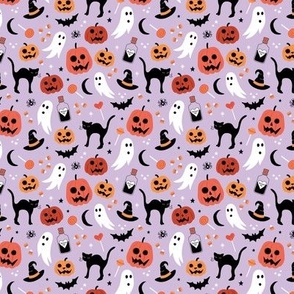 Black cats ghosts and pumpkins scary retro style kids halloween style fright night design orange lilac SMALL