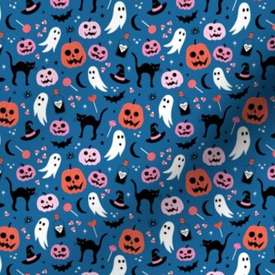 Black cats ghosts and pumpkins scary retro style kids halloween style fright night design orange pink on classic blue SMALL
