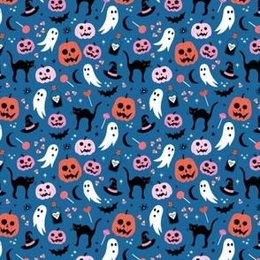 Black cats ghosts and pumpkins scary retro style kids halloween style fright night design orange pink on classic blue SMALL