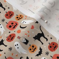 Black cats ghosts and pumpkins scary retro style kids halloween style fright night design orange vintage red on tan beige seventies palette SMALL