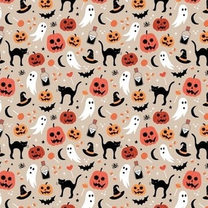 Black cats ghosts and pumpkins scary retro style kids halloween style fright night design orange vintage red on tan beige seventies palette SMALL