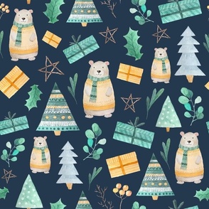 Large Scale Welcome Winter Holiday Bears and Christmas Gifts on Navy