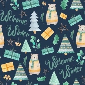Medium Scale Welcome Winter Holiday Bears and Christmas Gifts on Navy