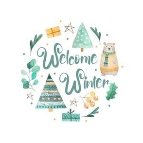 4" Circle Panel Welcome Winter Holiday Bears and Christmas Gifts on White for Embroidery Hoop Iron on Patch or Quilt Square
