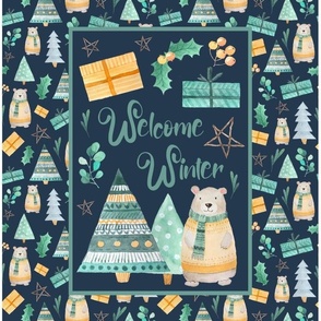 14x18 Panel Welcome Winter Holiday Bears and Christmas Gifts on Navy for DIY Garden Flags Hand Towel or Small Wall Hangingt Square