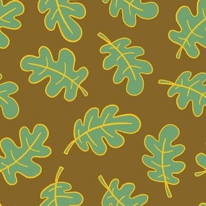 Oak Leaves in Green on Brown - Medium