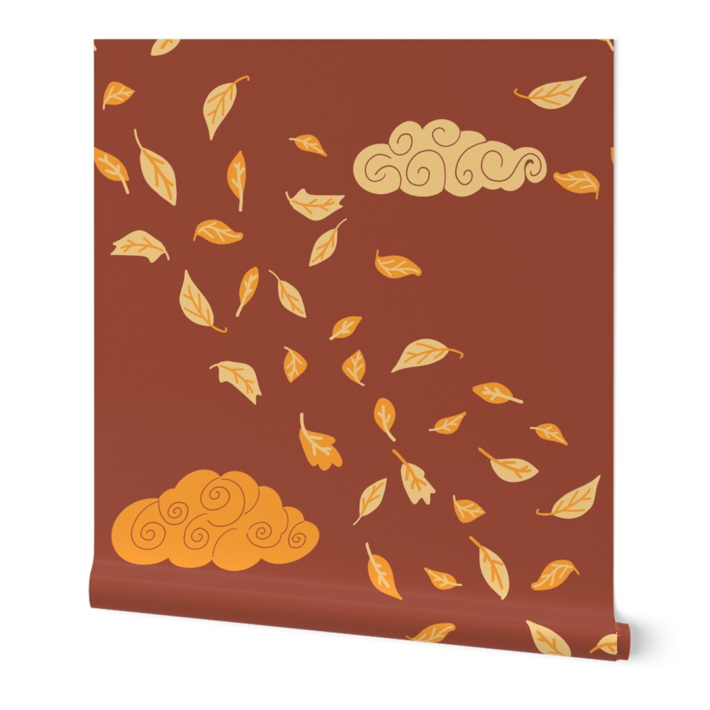 Windy Autumn yellow  flying leaves on rust red / earthtone Sepia - large scale