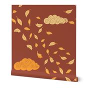 Windy Autumn yellow  flying leaves on rust red / earthtone Sepia - large scale