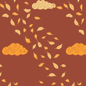 Windy Autumn yellow  flying leaves on rust red / earthtone Sepia - medium scale