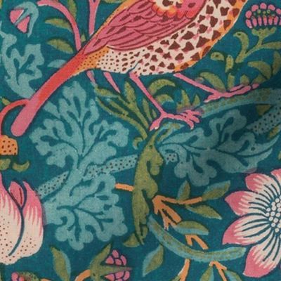 Strawberry Thief Redux ~ William Morris ~   Electric Teal ~ Slightly Smaller