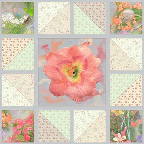 21x21-Inch Repeat of Faux Quilt with Peach Daylily