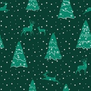 Green Christmas trees and deer families on dark green forest, snow