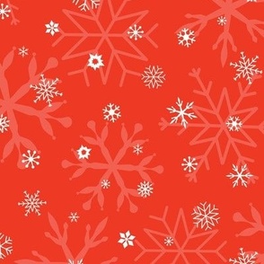 White snowflakes on scarlet red, Christmas holidays, winter decor