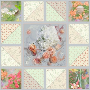 21x21-Inch Repeat of Faux Quilt with White Hydrangea and Peach Roses