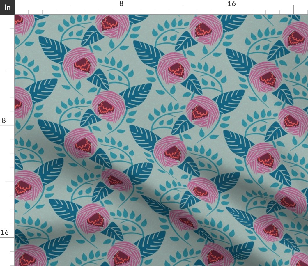 Art Deco Camellias on Teal Small