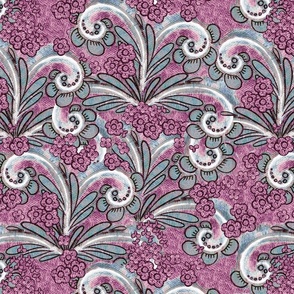 Floral swirls in Boho style, Gray-blue leaves on a pink background