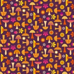 Mushroom Mania - Autumn Botanicals - Orange Pink Yellow Purple on dark background // Small