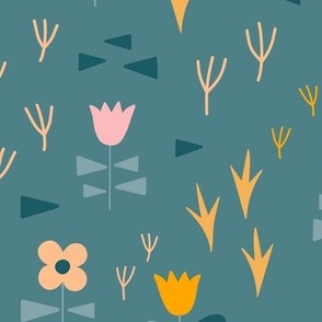 Meadow with florals in a garden with tulips and bird prints in soft teals, pink, yellow, beige // large