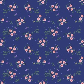 Cute pink blossoms on midnight blue background small scale