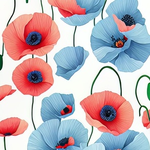 Poppy Flowers in Light blue and Red Botanical Watercolor Floral Fabric