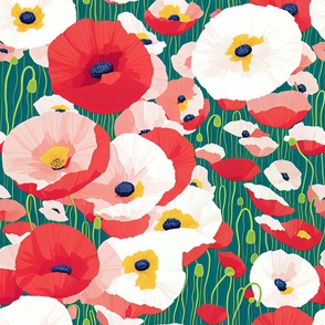 Poppy Flowers in Light Pink, Yellow and Red Botanical Watercolor with Green Nature Background