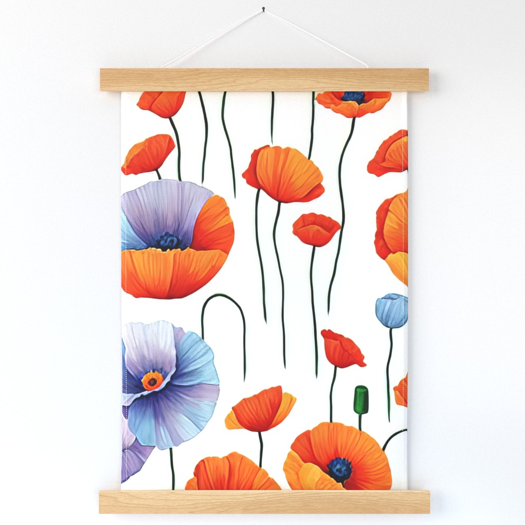 Poppy Flowers Flora in Sky Blue and Red Botanical Watercolor Nature Print